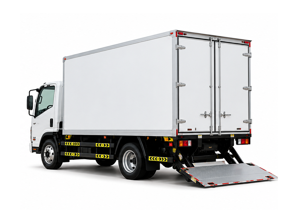 Box truck with its tail lift lowered